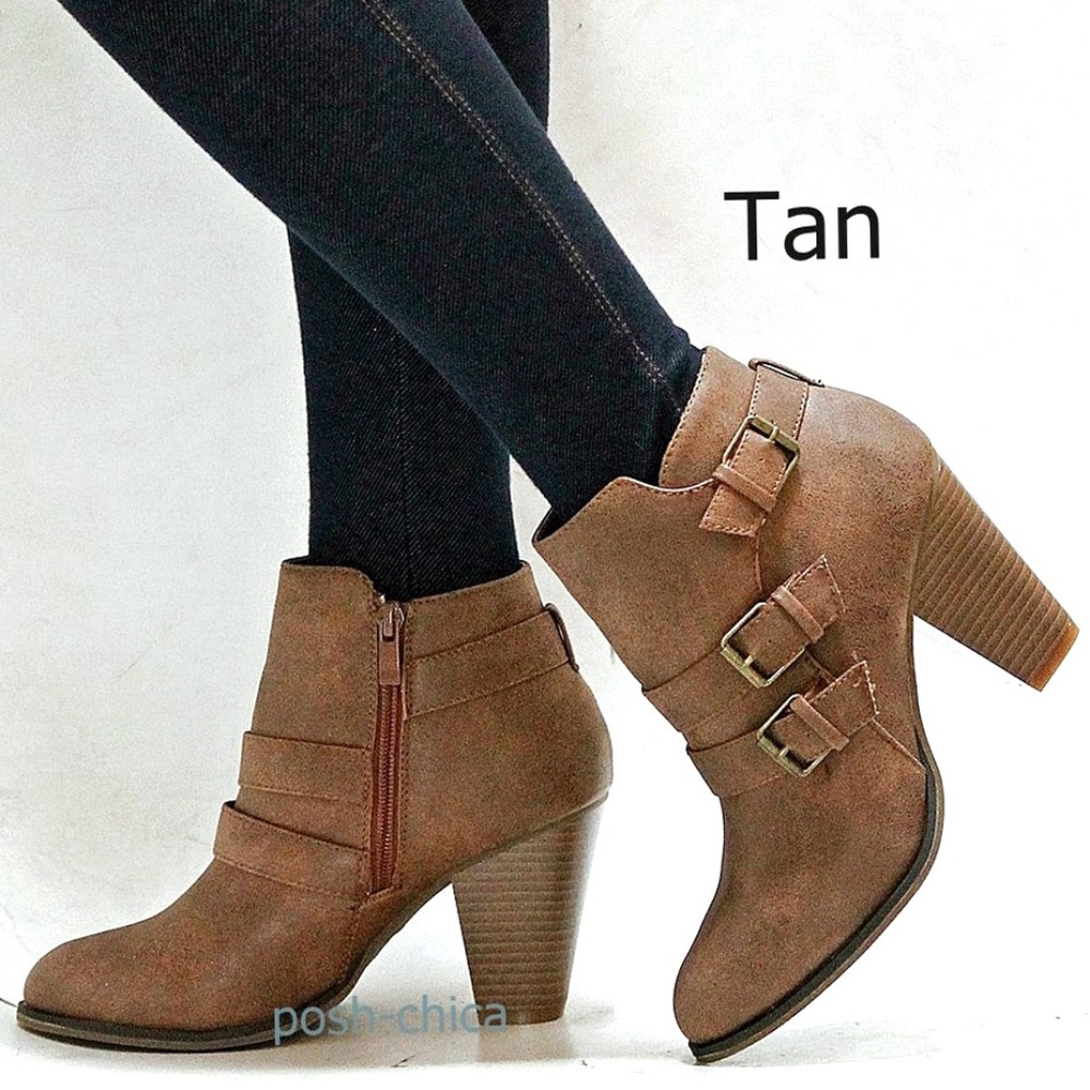 New Tan Western Booties Block Heel Ankle Boots